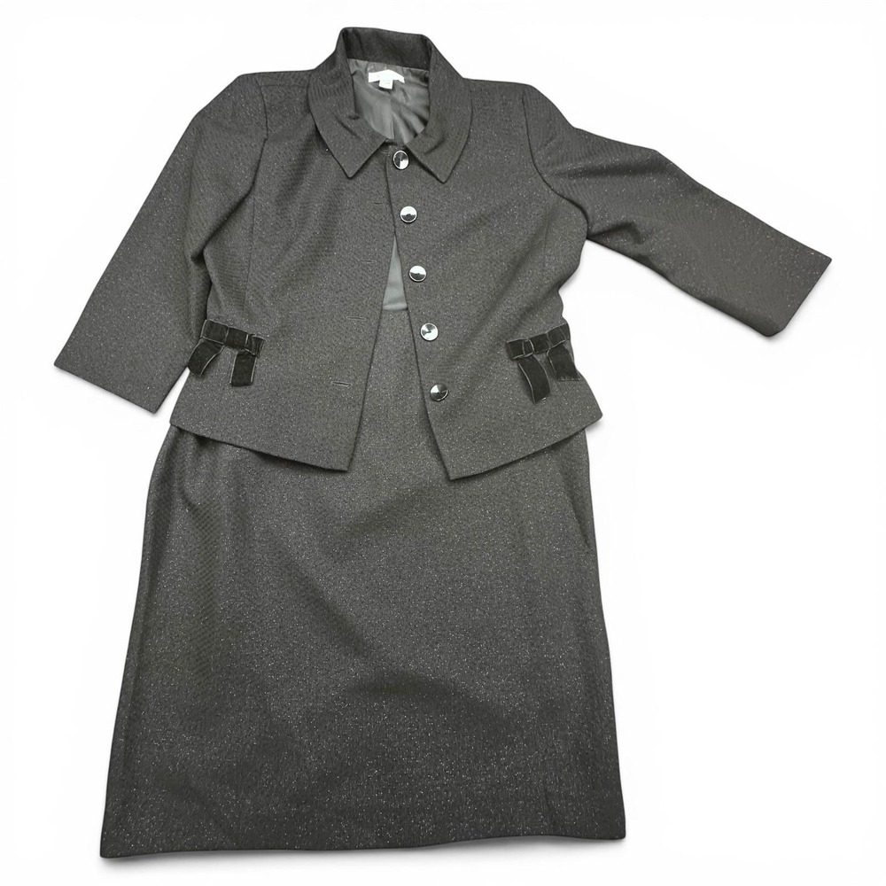 London Times Skirt Suit Set Womens 12 Black 2 Piece Jacket Skirt Party Cocktail